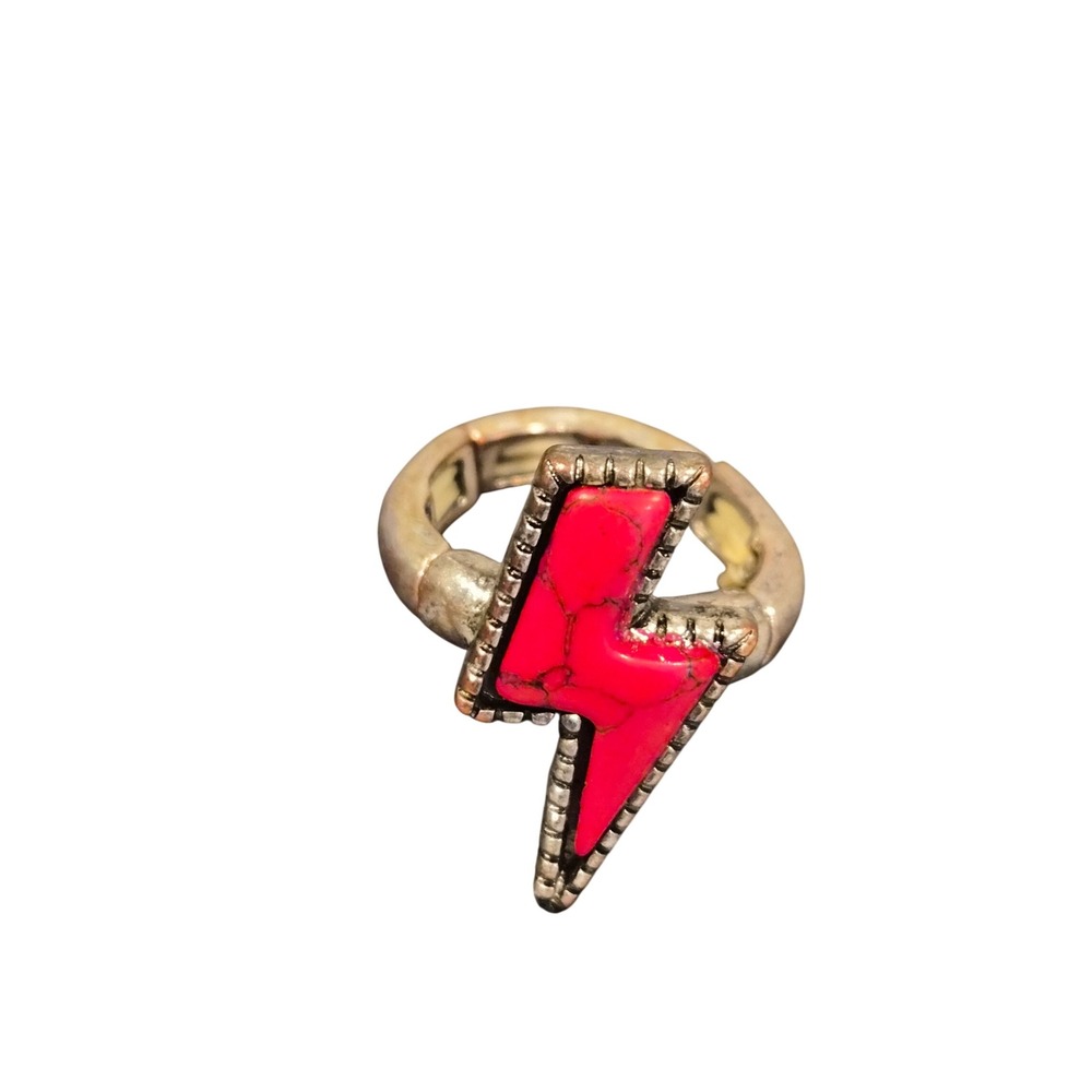 Red Faux Turquoise Lightning Bolt Stretch Ring Silver Tone Western Boho Edgy